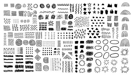 Vector illustration. Abstract graphic elements in minimal trendy style. Vector set of hand drawn texture. Design elements for posters, layout, cover, invitations, cards, social media posts and stories