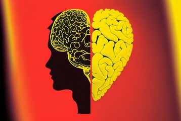 Wall Mural - a 3d illustration of a heart versus brain divided in two parts in yellow and red