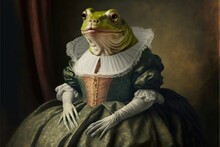 Portrait Of Frog In A Victorian Dress. Generative AI