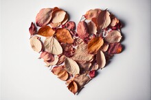  A Heart Shaped Arrangement Of Leaves On A White Background With A Word Love Spelled In The Middle Of The Image And A Few Leaves Scattered Around It On The Bottom Of The Heart Shape. Generative AI