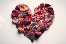  A Heart Shaped Arrangement Of Dried Flowers On A White Background With A Red Heart Shaped Object In The Middle Of The Photo, With A Few Petals Scattered Around The Edges Of The Heart,. Generative AI