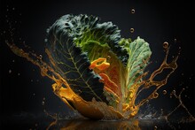  A Lettuce With Splashing Orange And Yellow Liquid On A Black Background With A Black Background And A Black Background With A Black Background With A Black Background And White. Generative AI