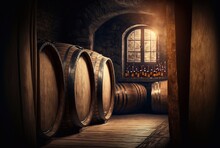 Barrels With Wine Or Brandy In The Cellar, AI Generative
