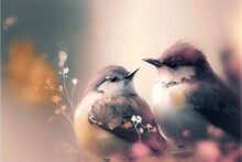  Two Birds Sitting On A Branch With Flowers In The Background And A Blurry Background Behind Them, With A Light Colored Background And A Soft, Sepia Tone, With A Little Bit Of. Generative Ai