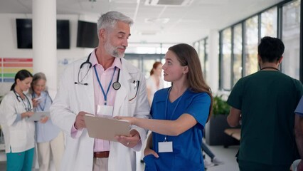 Poster - Older doctor giving advise to his younger colleague, discussing at hospital corridor. Health care concept.