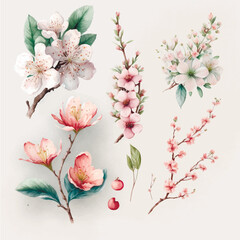 Wall Mural - Collection of сherry blossom flowers and branches in vector watercolor style. Image created neural networks.