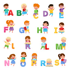Wall Mural - Cheerful Kids and Big Alphabet Letters Vector Set