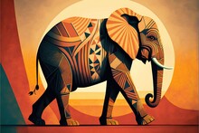  A Painting Of An Elephant With A Sunset In The Background And A Red And Yellow Background With A Yellow Circle Behind It And A Red And Yellow Circle With A Black Stripe At The Bottom. Generative AI