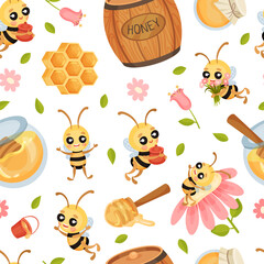 Poster - Cute Honey Bee Seamless Pattern Design with Busy Insect and Natural Sweet Food Vector Template