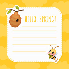 Poster - Hello, Spring Empty Sheet with Cute Honey Bee Insect and Hive Vector Templat