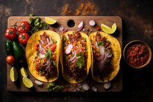 Tacos From Mexico With Salsa, Veggies, And Meat. Al Pastor Tacos On A Wooden Board Against A Dark Background. With Copy Space, The Top View. Generative AI