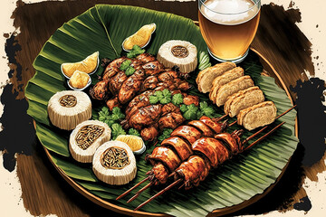 Scallops and pork barbecue are served on banana leaves. Beer and Filipino appetizers go together frequently. Generative AI