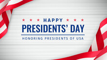 Happy Presidents Day. Honoring Presidents Of USA. US National Holiday On The 3rd Monday Of February. Greeting Card With Text And U.S. Flag With Folds On White Wooden Background. 3d Vector Illustration
