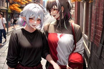 Wall Mural - anime-style modern elf young couple with pointy ears with white hair wearing long sleeve t-shirts walking in the busy city street