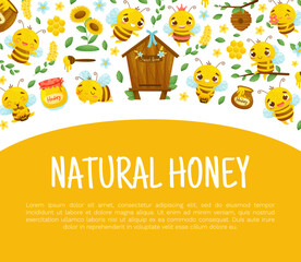 Poster - Cute Honey Bee Design with Busy Insect and Natural Sweet Food Vector Template