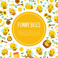 Poster - Cute Honey Bee Design with Busy Insect and Natural Sweet Food Vector Template