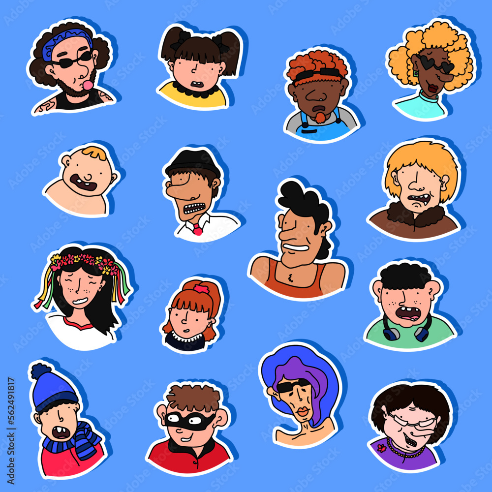 Collection of various hand drawn doodle stickers with people - children ...