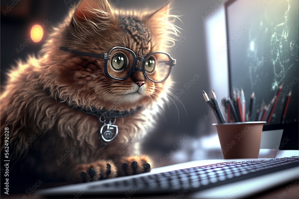 A cat programming and coding . Keyboard, monitor and pencil case as ...