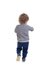 back view of a baby boy walking on white background