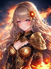 Wall Mural - anime girl with a flower on her white hair wearing gold armor in the fire of war 

