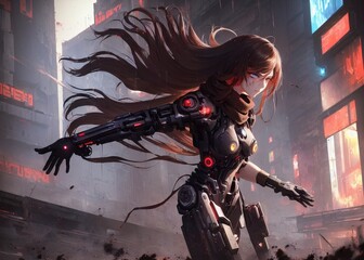 anime style cyborg woman with long black hair standing in a cyberpunk city