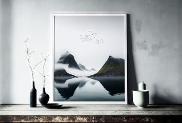  a picture of a mountain range with a lake in the foreground and a vase with a plant in the foreground on a table with a vase and a bird flying in the background. Generative AI