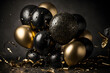 Festive background with black and gold balloons. Generative AI.