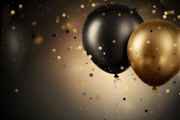 Sticker - Festive background with black and gold balloons. Blurry background with balloons. Generative AI.