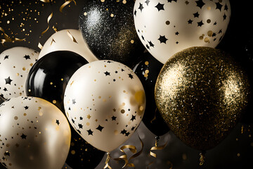 Sticker - Festive background with black, white and gold balloons. Generative AI.