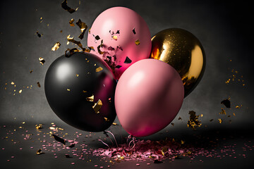 Sticker - Festive background with pink, black and gold balloons. Generative AI.