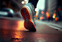 Close Up Low Angle View Of Running Shoes With While Soles On An Empty Road As The Sun Highlights The Distance