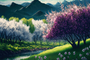 Wall Mural - Natural spring background with a blooming plum garden. Generative AI