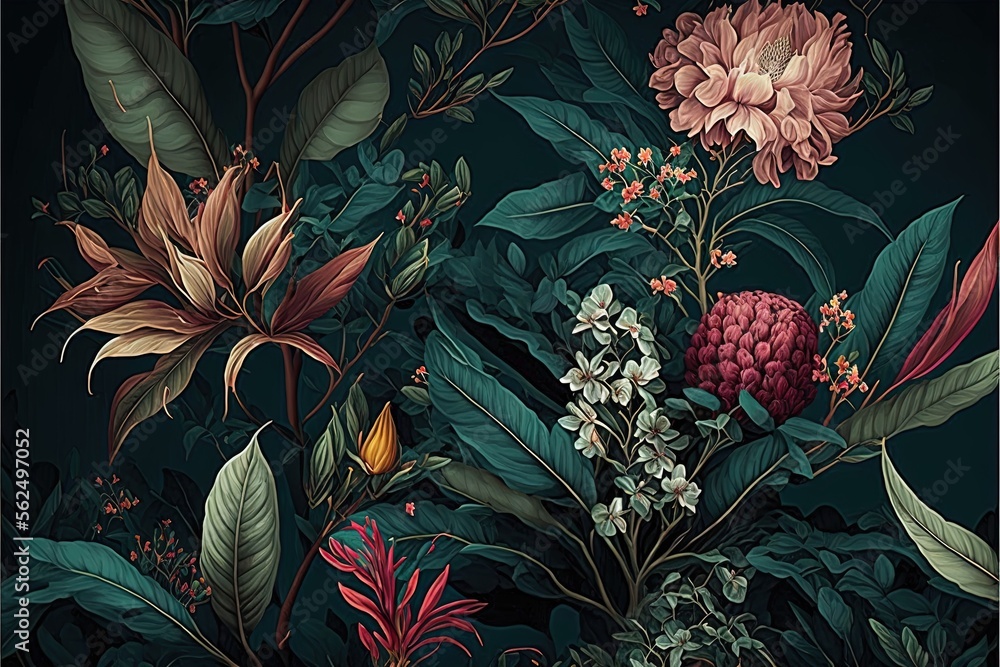 a painting of flowers and leaves on a dark background with a black ...