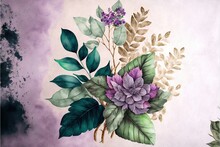 A Painting Of A Bouquet Of Flowers And Leaves On A Purple Background With A Green Leafy Branch And Purple Flowers On The Left Side Of The Picture, And A Purple Background. Generative AI
