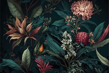  A Painting Of Flowers And Leaves On A Dark Background With A Black Background And A Black Border With A White Border With A Red, Yellow, Pink, Green, And Red, And White, And Green. Generative AI
