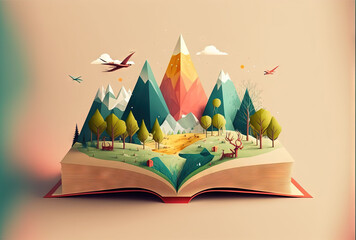 Poster - an open book with a landscape inside of it and birds flying around it, and trees and mountains in th