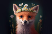 Baby Fox With Flower Crown, Springtime Concept. Generative Ai