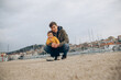 © Kate - happy family on the shore of the port in the Adriatic sea dad and son
