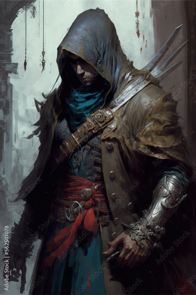 Assassin character design. Role-playing game illustration. Generative AI.