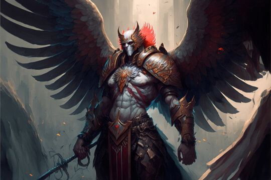 Winged demon warrior wielding a sword. Role-playing game illustration. Generative AI.