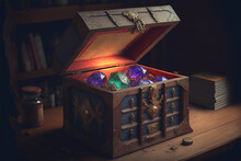 Chest opened with magical dice 20. Role-playing game illustration. Generative AI.