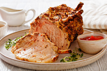 Canvas Print - Standing Juicy Pork Rib Roast, top view