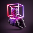 Vapor retro synth wave greek statue of david with neon light background design style concept.