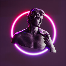 Vapor Retro Synth Wave Greek Statue Of David With Neon Light Background Design Style Concept.