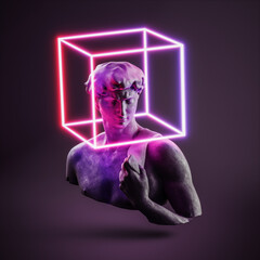 vapor retro synth wave greek statue of david with neon light background design style concept.