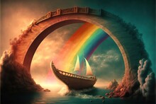  A Boat With A Rainbow On It Floating In The Ocean Under A Rainbow Bridge With Clouds And A Rainbow In The Sky Above It, And A Rainbow In The Water Below It, And A Rainbow.