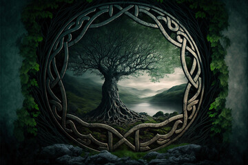 Celtic ancient forest. Sacred forest of the druids. AI generation