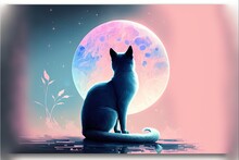  A Cat Sitting On A Rock Looking At The Moon And Stars In The Sky With A Pink Background And A Blue Sky With A Pink Moon And Blue Hued Background With A Pink Hue.