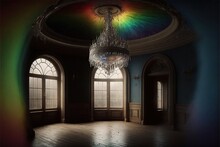  A Chandelier Hanging From A Ceiling In A Room With Windows And A Chandelier In The Middle Of The Room With A Rainbow Light Coming From The Window And A Chandelier.