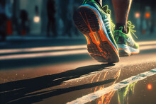 Detail Close Up Of Man Sport Sneakers. He Is Running Afternoon At Golden Hour Sunset. AI Generative